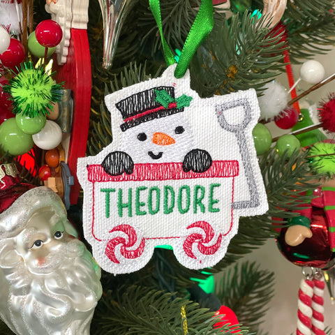 Snowman in Wagon Name Ornament Embroidered