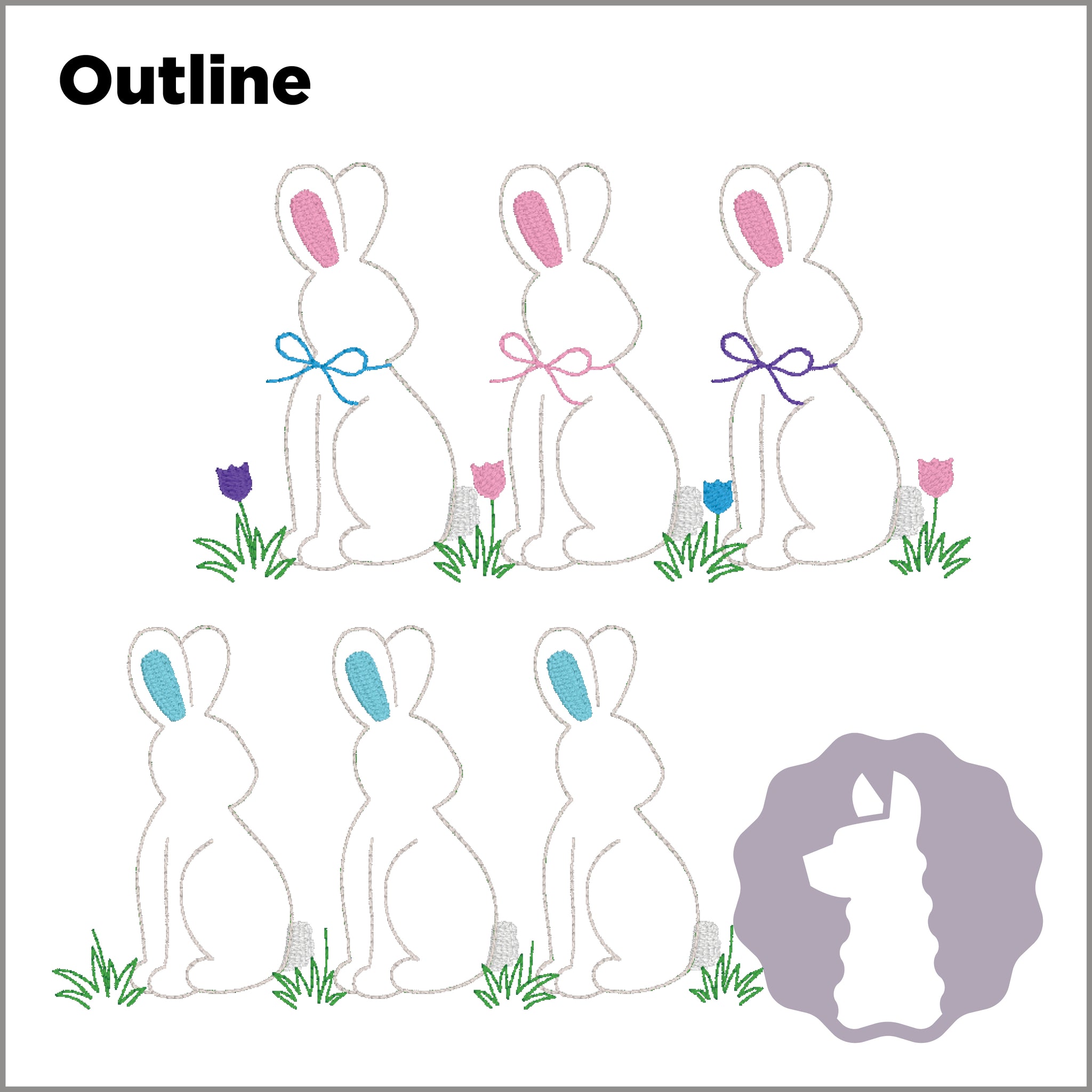 Bunny Trio in Grass Outline