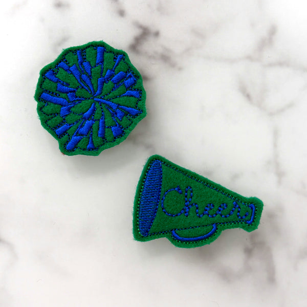 Cheer Megaphone & Pom Pom Feltie Clip Set | Choose Your Team Colors