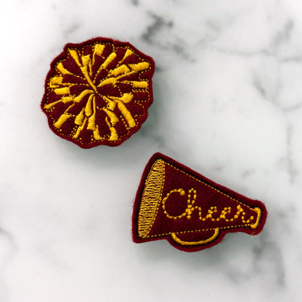 Cheer Megaphone & Pom Pom Feltie Clip Set | Choose Your Team Colors