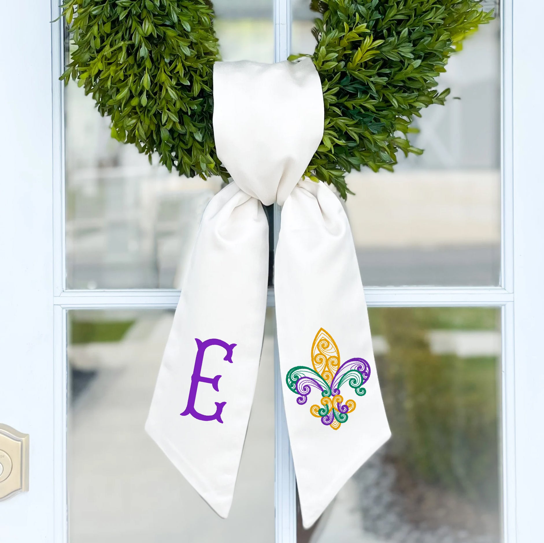 Wreath Sash | Mardi Gras Swirled Fleur De Lis